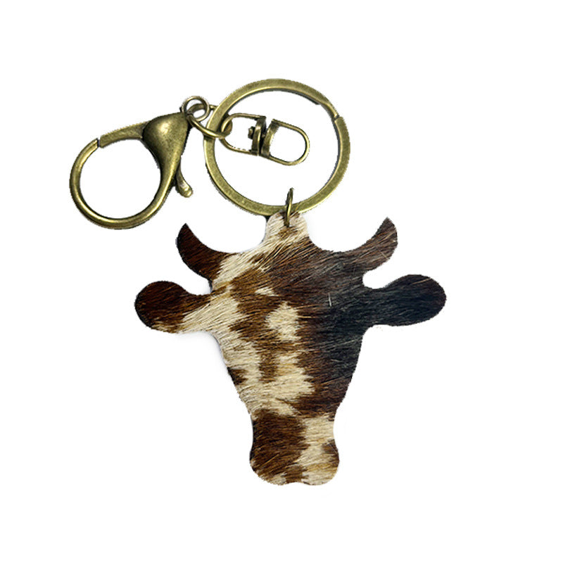 Wholesale 2pcs/pack Ethnic Style Western Leopard Cow Head Leather Keychain